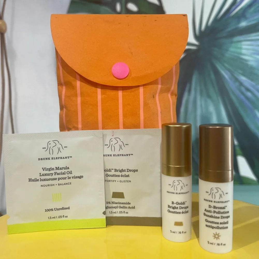 Drunk Elephant Bronze & Gold Trio with Samples and Reusable Orange Pouch